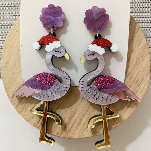 Christmas Earrings - Acrylic Pink Flamingo w Stainless Steel Stud Xmas Festive - Picture 6 of 6